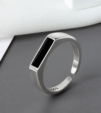 Sleek Silver Black Geometric Ring